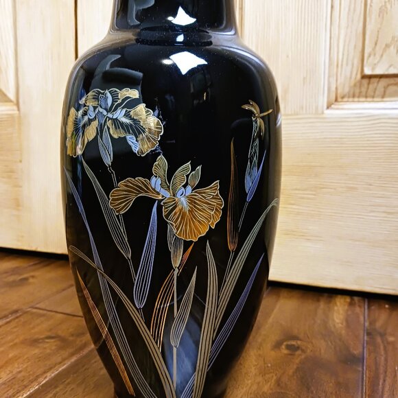 LARGE 14.5" High JAPANESE Black and gold ornamental vase vintage - Picture 3 of 6